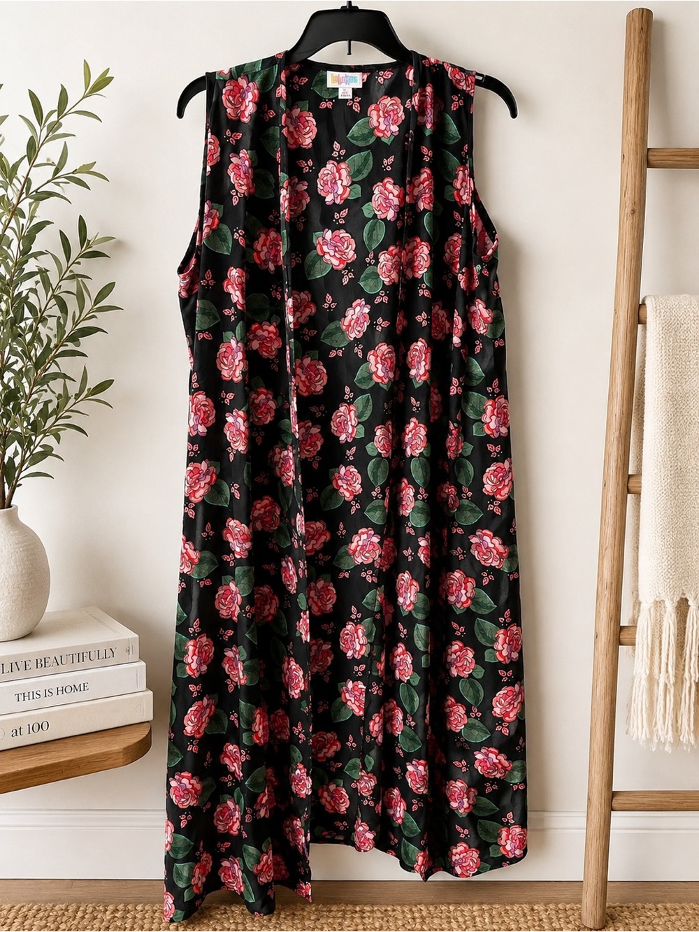 LuLaRoe Black Floral Duster with Pink Roses and Green Leaves